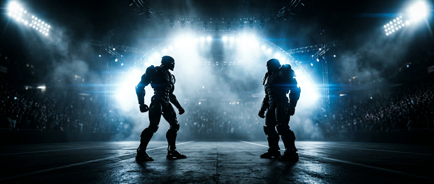 Two humanoid robot silhouettes facing off in a dark competition arena